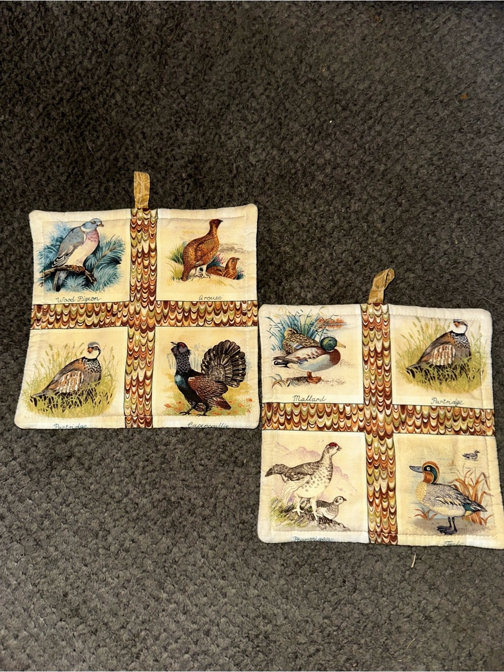 Printed Game Bird Quilted Vintage Pot Holders - Set of 2